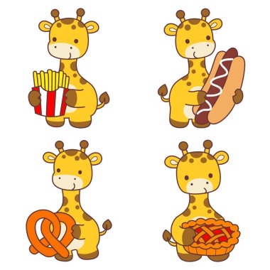 Bebek Zürafa 'dan İzole Edilmiş Vektör Stok Resimlerini Ayarlayın. Çeşitli aktivitelere sahip şirin zürafa hayvanları.