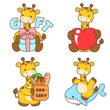 Bebek Zürafa 'dan İzole Edilmiş Vektör Stok Resimleri. Çeşitli aktiviteleri olan şirin zürafa hayvanları. Zürafa hayvanlarının komik etiketleri..