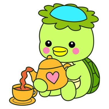 Kawaii Japon mitolojisi Kappa çıkartması. Şirin Kappa maskotu hayalet Japon..