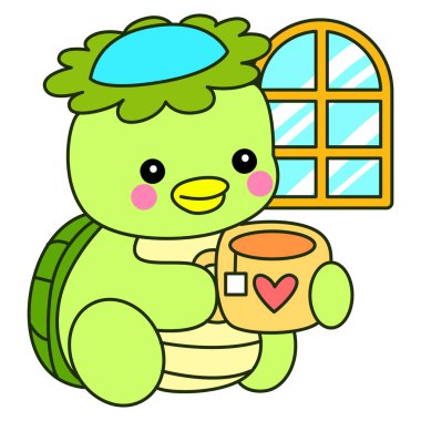 Kawaii Japon mitolojisi Kappa çıkartması. Şirin Kappa maskotu hayalet Japon..