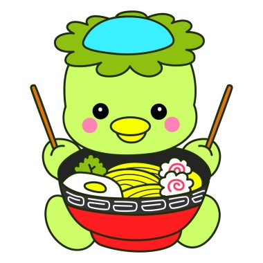 Kawaii Japon mitolojisi Kappa çıkartması. Şirin Kappa maskotu hayalet Japon..