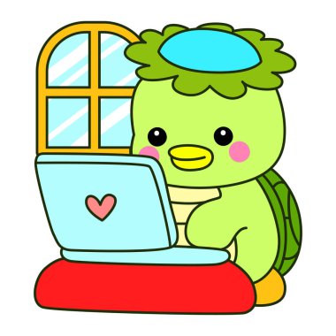 Kawaii Japon mitolojisi Kappa çıkartması. Şirin Kappa maskotu hayalet Japon..