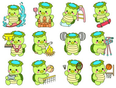 Kawaii Japon mitolojisi Kappa çıkartması. Şirin Kappa maskotu hayalet Japon..