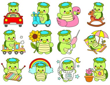 Kawaii Japon mitolojisi Kappa çıkartması. Şirin Kappa maskotu hayalet Japon..