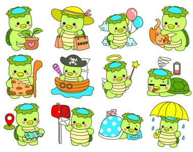 Kawaii Japon mitolojisi Kappa çıkartması. Şirin Kappa maskotu hayalet Japon..