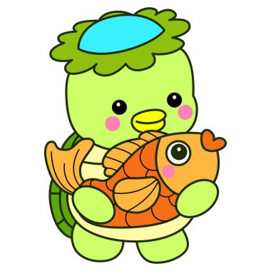 Kawaii Japon mitolojisi Kappa çıkartması. Şirin Kappa maskotu hayalet Japon..