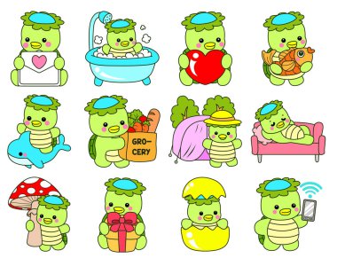 Kawaii Japon mitolojisi Kappa çıkartması. Şirin Kappa maskotu hayalet Japon..