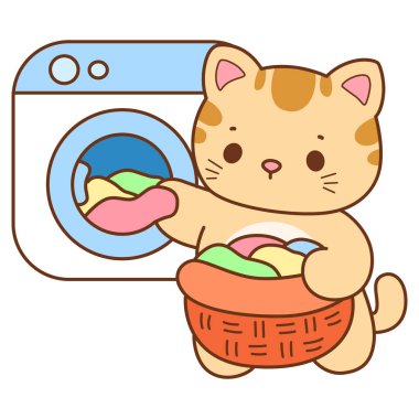Çeşitli aktiviteleri olan bir grup sevimli kedi. Kupa defteri ve çıkartma için Kawaii hayvan kedisi. Komik kedi çizimleri..