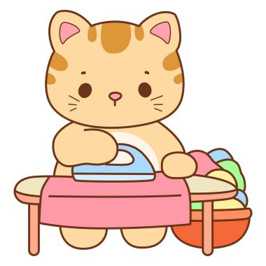 Çeşitli aktiviteleri olan bir grup sevimli kedi. Kupa defteri ve çıkartma için Kawaii hayvan kedisi. Komik kedi çizimleri..