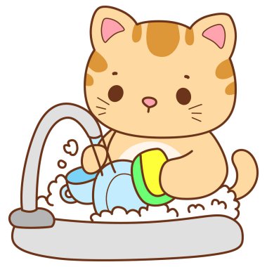 Çeşitli aktiviteleri olan bir grup sevimli kedi. Kupa defteri ve çıkartma için Kawaii hayvan kedisi. Komik kedi çizimleri..