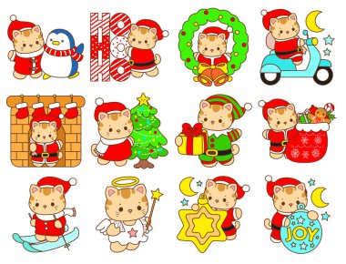 Çeşitli aktiviteleri olan bir grup sevimli kedi. Kupa defteri ve çıkartma için Kawaii hayvan kedisi. Komik kedi çizimleri..