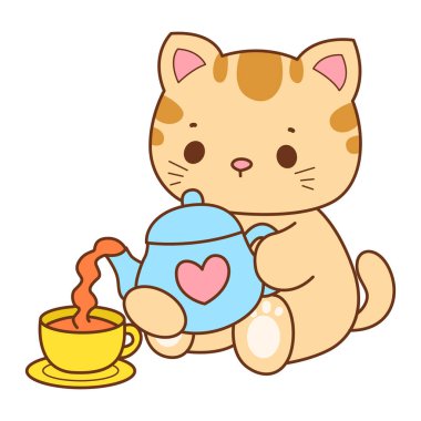 Çeşitli aktiviteleri olan bir grup sevimli kedi. Kupa defteri ve çıkartma için Kawaii hayvan kedisi. Komik kedi çizimleri..