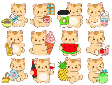 Çeşitli aktiviteleri olan bir grup sevimli kedi. Kupa defteri ve çıkartma için Kawaii hayvan kedisi. Komik kedi çizimleri..