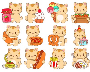 Çeşitli aktiviteleri olan bir grup sevimli kedi. Kupa defteri ve çıkartma için Kawaii hayvan kedisi. Komik kedi çizimleri..