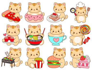 Çeşitli aktiviteleri olan bir grup sevimli kedi. Kupa defteri ve çıkartma için Kawaii hayvan kedisi. Komik kedi çizimleri..