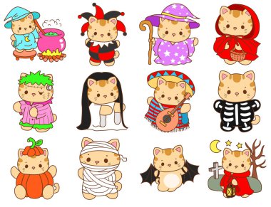 Çeşitli aktiviteleri olan bir grup sevimli kedi. Kupa defteri ve çıkartma için Kawaii hayvan kedisi. Komik kedi çizimleri..