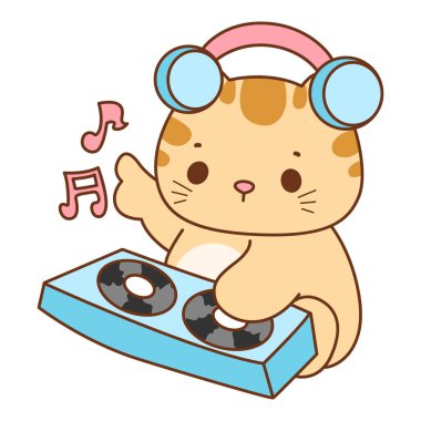 Çeşitli aktiviteleri olan bir grup sevimli kedi. Kupa defteri ve çıkartma için Kawaii hayvan kedisi. Komik kedi çizimleri..