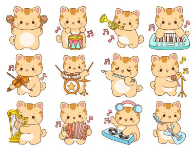 Çeşitli aktiviteleri olan bir grup sevimli kedi. Kupa defteri ve çıkartma için Kawaii hayvan kedisi. Komik kedi çizimleri..