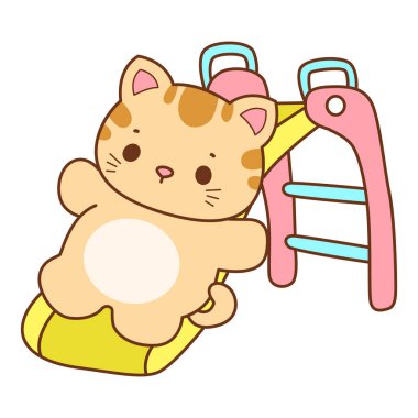 Çeşitli aktiviteleri olan bir grup sevimli kedi. Kupa defteri ve çıkartma için Kawaii hayvan kedisi. Komik kedi çizimleri..