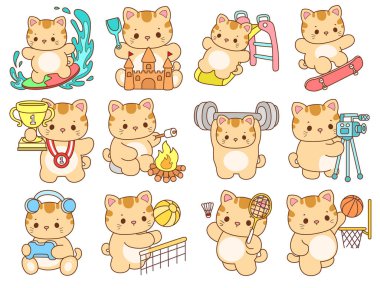 Çeşitli aktiviteleri olan bir grup sevimli kedi. Kupa defteri ve çıkartma için Kawaii hayvan kedisi. Komik kedi çizimleri..