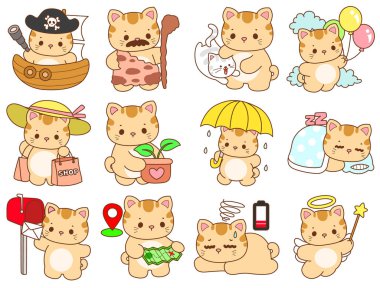 Çeşitli aktiviteleri olan bir grup sevimli kedi. Kupa defteri ve çıkartma için Kawaii hayvan kedisi. Komik kedi çizimleri..