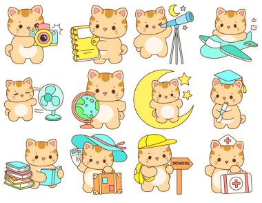 Çeşitli aktiviteleri olan bir grup sevimli kedi. Kupa defteri ve çıkartma için Kawaii hayvan kedisi. Komik kedi çizimleri..