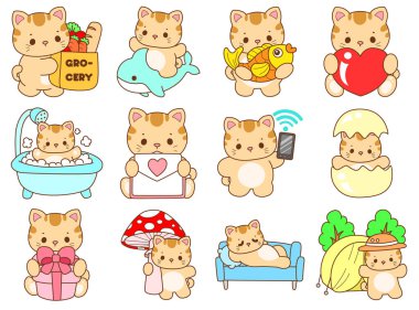Çeşitli aktiviteleri olan bir grup sevimli kedi. Kupa defteri ve çıkartma için Kawaii hayvan kedisi. Komik kedi çizimleri..