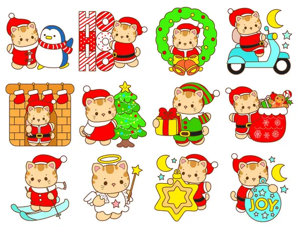 Çeşitli aktiviteleri olan bir grup sevimli kedi. Kupa defteri ve çıkartma için Kawaii hayvan kedisi. Komik kedi çizimleri..