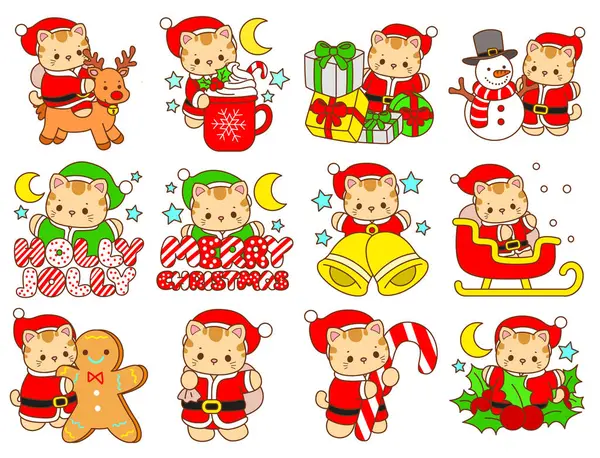 Çeşitli aktiviteleri olan bir grup sevimli kedi. Kupa defteri ve çıkartma için Kawaii hayvan kedisi. Komik kedi çizimleri..