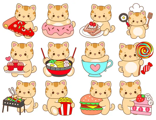 Çeşitli aktiviteleri olan bir grup sevimli kedi. Kupa defteri ve çıkartma için Kawaii hayvan kedisi. Komik kedi çizimleri..