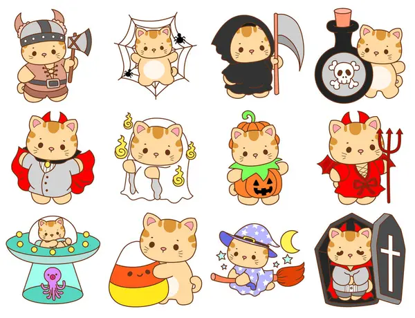 Çeşitli aktiviteleri olan bir grup sevimli kedi. Kupa defteri ve çıkartma için Kawaii hayvan kedisi. Komik kedi çizimleri..