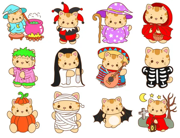 Çeşitli aktiviteleri olan bir grup sevimli kedi. Kupa defteri ve çıkartma için Kawaii hayvan kedisi. Komik kedi çizimleri..