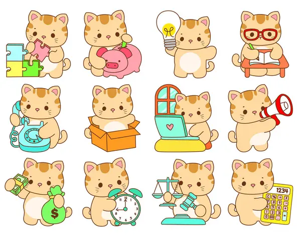 Çeşitli aktiviteleri olan bir grup sevimli kedi. Kupa defteri ve çıkartma için Kawaii hayvan kedisi. Komik kedi çizimleri..