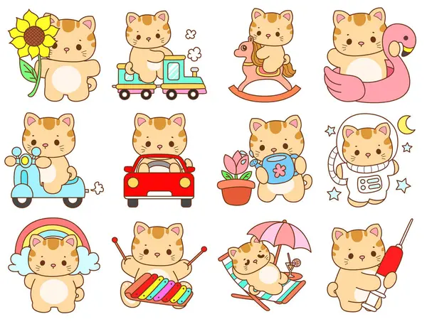 Çeşitli aktiviteleri olan bir grup sevimli kedi. Kupa defteri ve çıkartma için Kawaii hayvan kedisi. Komik kedi çizimleri..