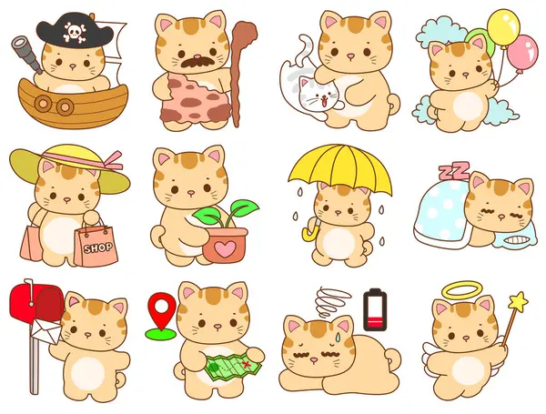 Çeşitli aktiviteleri olan bir grup sevimli kedi. Kupa defteri ve çıkartma için Kawaii hayvan kedisi. Komik kedi çizimleri..