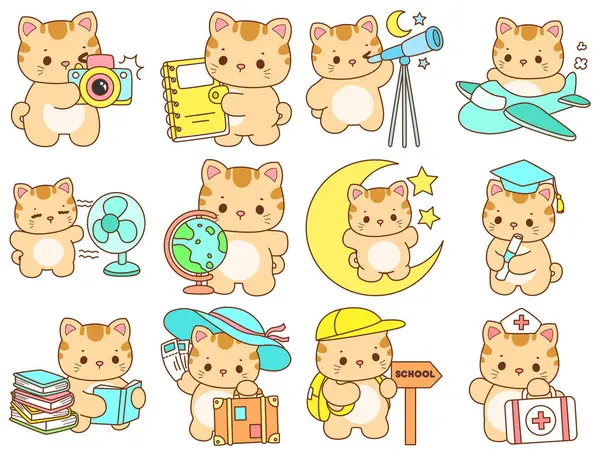 Çeşitli aktiviteleri olan bir grup sevimli kedi. Kupa defteri ve çıkartma için Kawaii hayvan kedisi. Komik kedi çizimleri..