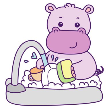 Tatlı su aygırı vektör ikonu. Komik bebek su aygırı hayvan serisi illüstrasyonu. Kabarık su aygırlarının hayatı.