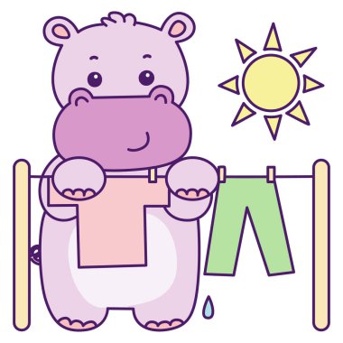 Tatlı su aygırı vektör ikonu. Komik bebek su aygırı hayvan serisi illüstrasyonu. Kabarık su aygırlarının hayatı.