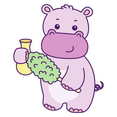 Tatlı su aygırı vektör ikonu. Komik bebek su aygırı hayvan serisi illüstrasyonu. Kabarık su aygırlarının hayatı.