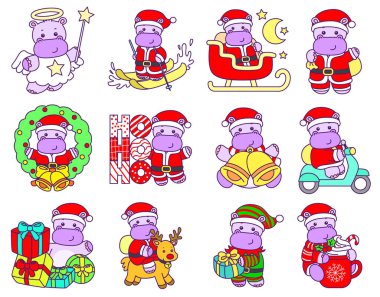 Tatlı su aygırı vektör ikonu. Komik bebek su aygırı hayvan serisi illüstrasyonu. Kabarık su aygırlarının hayatı.