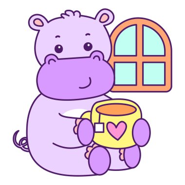 Tatlı su aygırı vektör ikonu. Komik bebek su aygırı hayvan serisi illüstrasyonu. Kabarık su aygırlarının hayatı.