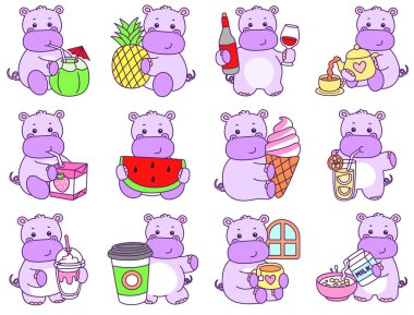 Tatlı su aygırı vektör ikonu. Komik bebek su aygırı hayvan serisi illüstrasyonu. Kabarık su aygırlarının hayatı.