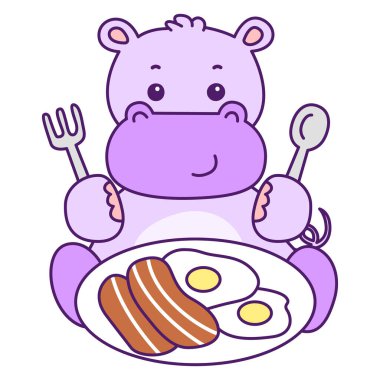 Tatlı su aygırı vektör ikonu. Komik bebek su aygırı hayvan serisi illüstrasyonu. Kabarık su aygırlarının hayatı.