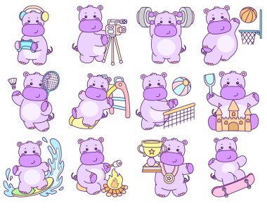 Tatlı su aygırı vektör ikonu. Komik bebek su aygırı hayvan serisi illüstrasyonu. Kabarık su aygırlarının hayatı