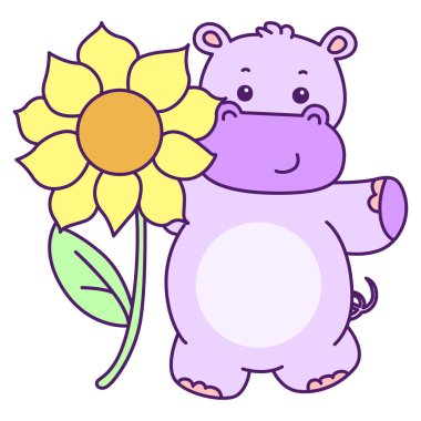 Tatlı su aygırı vektör ikonu. Komik bebek su aygırı hayvan serisi illüstrasyonu. Kabarık su aygırlarının hayatı