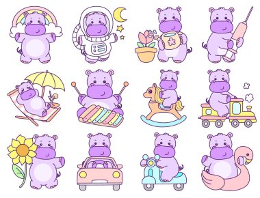 Tatlı su aygırı vektör ikonu. Komik bebek su aygırı hayvan serisi illüstrasyonu. Kabarık su aygırlarının hayatı