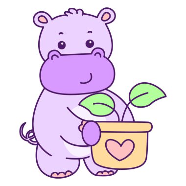 Tatlı su aygırı vektör ikonu. Komik bebek su aygırı hayvan serisi illüstrasyonu. Kabarık su aygırlarının hayatı