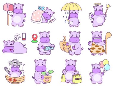 Tatlı su aygırı vektör ikonu. Komik bebek su aygırı hayvan serisi illüstrasyonu. Kabarık su aygırlarının hayatı