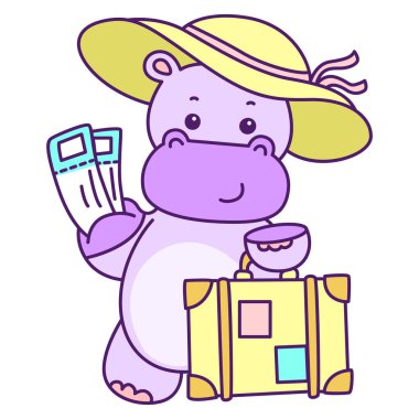 Tatlı su aygırı vektör ikonu. Komik bebek su aygırı hayvan serisi illüstrasyonu. Kabarık su aygırlarının hayatı