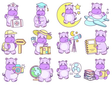 Tatlı su aygırı vektör ikonu. Komik bebek su aygırı hayvan serisi illüstrasyonu. Kabarık su aygırlarının hayatı